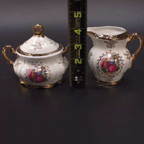 MCM Japanese Porcelain Sugar & Creamer Set Gold Trim Romantic Courting Scene - Picture 9 of 10